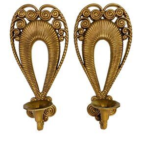 Hollywood Regency Style Gold Tone Wall Candle Sconce Set Of 2 Romantic Heart 19"